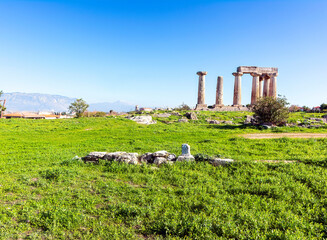 Temple of Apollo in Ancient Corinth, Peloponnese peninsula, Greece.