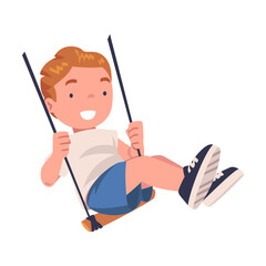 Smiling little boy swinging on swing. Happy child having fun cartoon vector illustration