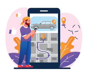 Carsharing service concept. Man with smartphone orders car, vehicle. Travel and trip, driver. Route and points location on city map. Navigation and GPS, geolocation. Cartoon flat vector illustration