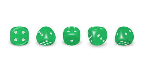 Vector 3d Realistic Green Game Dice with White Dots Icon Set Closeup Isolated on White Background. Game Cubes for Gambling in Different Positions, Casino Dices, Round Edges