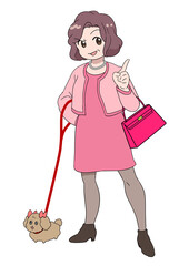 犬の散歩をする派手な服装の中年女性　お金持ちのおばさん