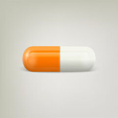 Vector 3d Realistic Orange and White Pharmaceutical Medical Pill, Capsule, Tablet on White Background. Front View. Copy Space. Medicine, Health Concept