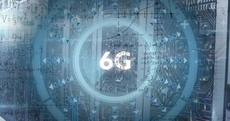 Animation of 6g text over round scanner and mathematical equations against computer server room - Powered by Adobe