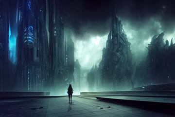 a person walking in a gloomy and dark future city. Apocalyptic concept, apocalyptic concept