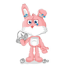 Obraz na płótnie Canvas pink bunny cry with a tissue. cartoon mascot vector