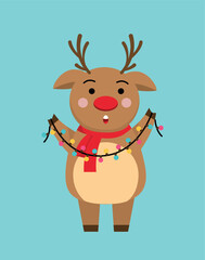 Christmas deer with garland. Brown animal with horns and decoration. Fairy tale, imagination and fantasy. Design element for greeting and invitation postcard. Cartoon flat vector illustration