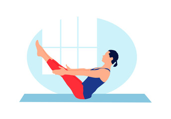 Beautiful girl practices yoga in flat style