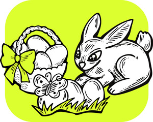 Easter bunny with basket, eggs, flowers, butterfly. Decorative vector design composition for poster print, greeting card, kids party invitation. Hand drawn illustration. Vintage cartoon style drawing.