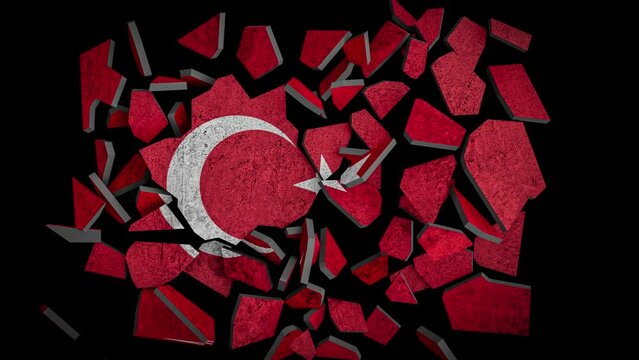 Earthquake shattering turkey flag with tremor in 3d render