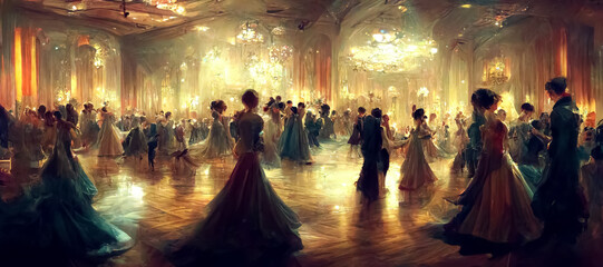 Historical painting of medieval costume ball inside grand palace. Interior of ballroom in an aristocratic, royal party with silhouettes of people dressed in long dresses in victorian art - obrazy, fototapety, plakaty