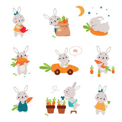 Cute Bunny Character with Orange Carrot Crop in the Garden Vector Set