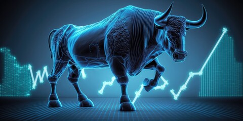 Bull and stock market graph in blue, digital technology and futuristic style. Generative AI