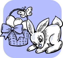 Easter bunny with basket, eggs, flowers, butterfly. Decorative vector design composition for poster print, greeting card, kids party invitation. Hand drawn illustration. Vintage cartoon style drawing.