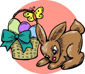 Easter bunny with basket, eggs, flowers, butterfly. Decorative vector design composition for poster print, greeting card, kids party invitation. Hand drawn illustration. Vintage cartoon style drawing.
