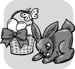 Easter bunny with basket, eggs, flowers, butterfly. Decorative vector design composition for poster print, greeting card, kids party invitation. Hand drawn illustration. Vintage cartoon style drawing.
