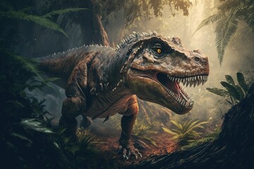 In the Jurassic jungle, a Tyrannosaurus stalks its prey. Dinosaur Period. A hunting T rex. Generative AI