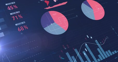Animation of statistical data processing over light spot against blue background
