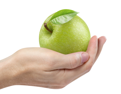 Hand holding delicious green apple cut out