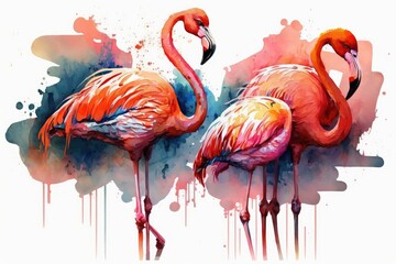Flamingos painted in a vibrant watercolor style. Illustration by painting. Generative AI