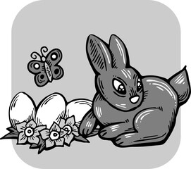 Easter bunny with basket, eggs, flowers, butterfly. Decorative vector design composition for poster print, greeting card, kids party invitation. Hand drawn illustration. Vintage cartoon style drawing.