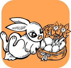 Easter bunny with basket, eggs, flowers, butterfly. Decorative vector design composition for poster print, greeting card, kids party invitation. Hand drawn illustration. Vintage cartoon style drawing.