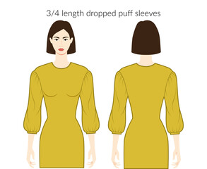 Dropped puff sleeves clothes character lady in ochre top, shirt, dress technical fashion illustration with 3-4 bracelet length. Flat apparel template front, back sides. Women, men unisex CAD mockup