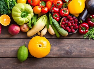 fresh vegetables and fruits on a wooden background. top view.