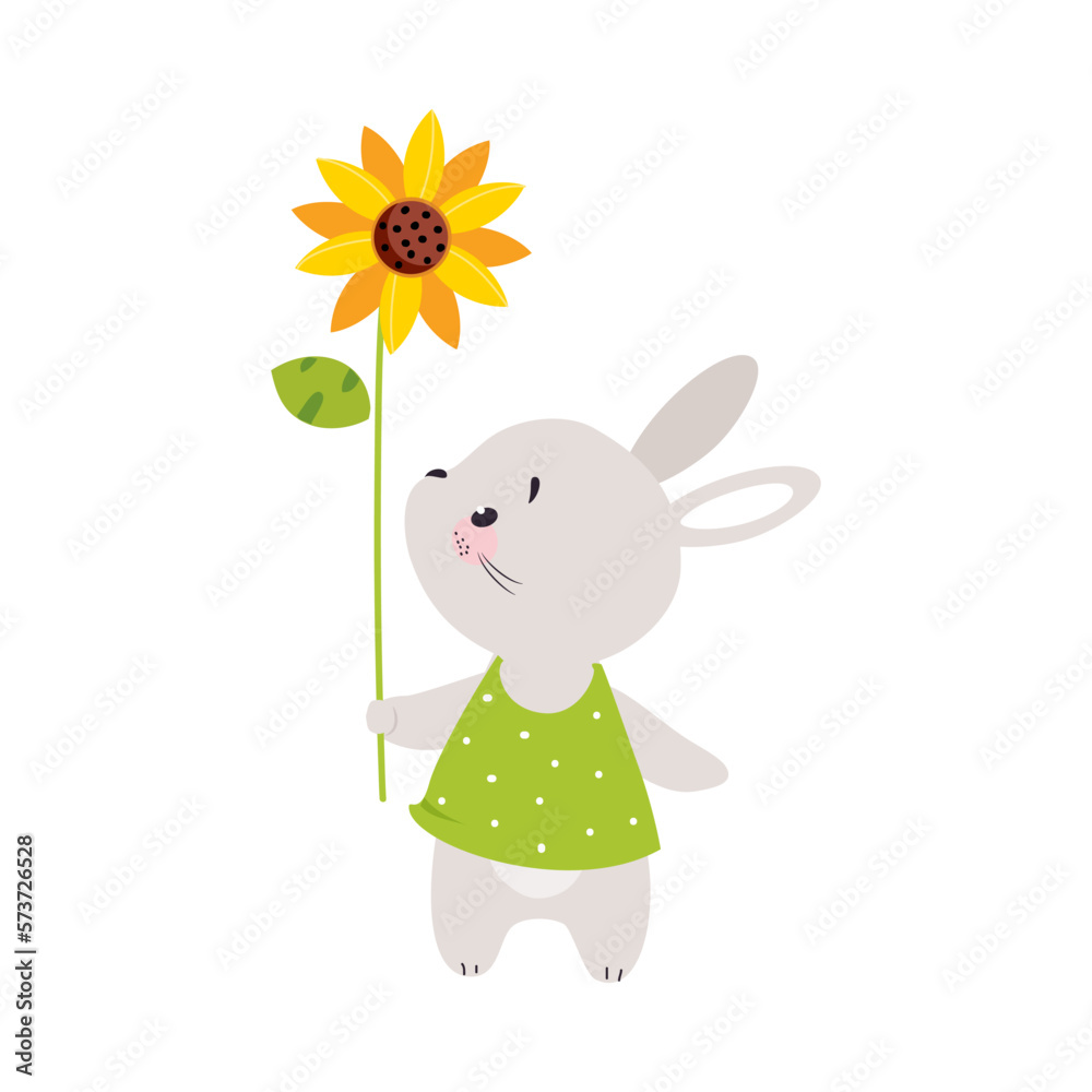 Sticker Cute Bunny Character Holding Sunflower on Stalk Vector Illustration