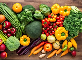 fresh vegetables and fruits on a wooden background. top view.