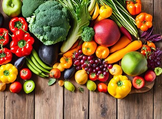 fresh vegetables and fruits on a wooden background. top view.