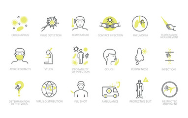 Coronavirus icons set. Collection of graphic elements for website. Health care and prevention, protection, virus and pandemic control. Cartoon flat vector illustrations isolated on white background