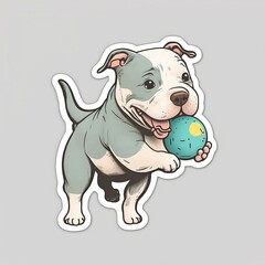 cute pitbull sticker, dog playing fetch with a ball, white background 