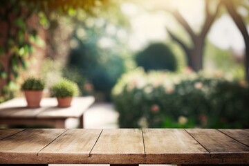 Empty Patio Table Backdrop with Blurred Outside Garden (Created with Generative AI)