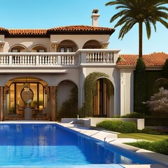 Image of a luxury neo-mediterranean style house with a swimming pool and tennis court 1_SwinIRGenerative AI