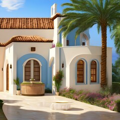 Image of a neo-mediterranean style house that is painted in a light blue color 2_SwinIRGenerative AI