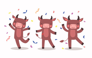 Dancing cows with confetti. Animal at holiday and festival. Design element for greeting or invitation postcard. Positivity and optimism. Entertainment and party. Cartoon flat vector illustration