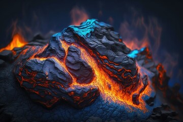 Molten rock with a surface textured like magma. The blaze of molten rock against the sooty ash of a volcano. Crust, fire, and a volcano. Ecology, biology, chemistry, and other aspects of the environme