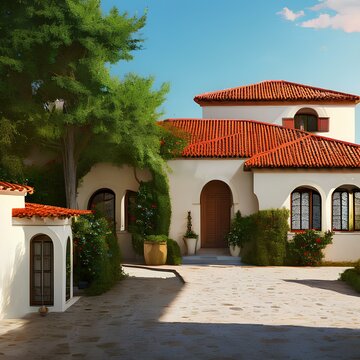 Image of a neo-mediterranean style house with a red tile roof and white stucco exterior 1_SwinIRGenerative AI