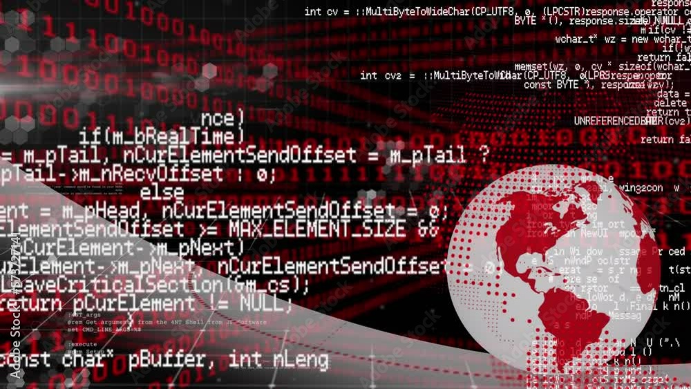 Poster animation of computer language over rotating globe and binary codes on black background