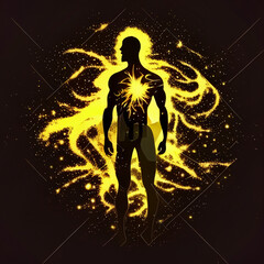 Astral body silhouette with abstract space background. yellow and black colors 