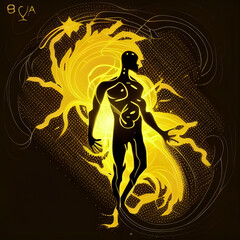 Astral body silhouette with abstract space background. yellow and black colors 