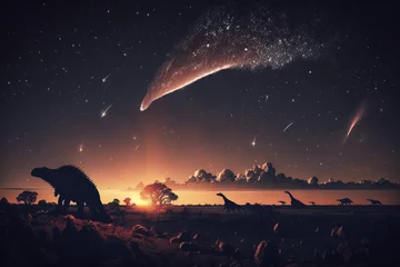 Keuken spatwand met foto Ai artwork of the comet or meteorite that made the dinosaurs extinct flying into the atmosphere with dinosaur silhouettes on the ground. Generative ai. © JG Marshall