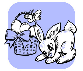 Easter bunny with basket, eggs, flowers and butterfly. Decorative design composition for poster print, greeting card, kids party invitation. Hand drawn illustration. Vintage cartoon style drawing.