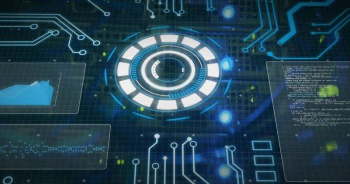 Animation of interface with round scanner and data processing against close up of a computer server