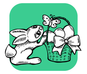 Easter bunny with basket, eggs, flowers and butterfly. Decorative design composition for poster print, greeting card, kids party invitation. Hand drawn illustration. Vintage cartoon style drawing.