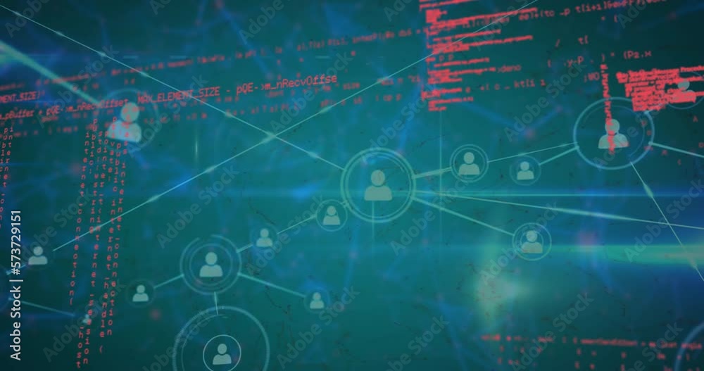 Poster animation of icons connected with lines over computer language against blue abstract pattern
