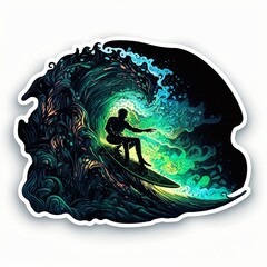 Surfer sticker with psychedelic colors , white background 