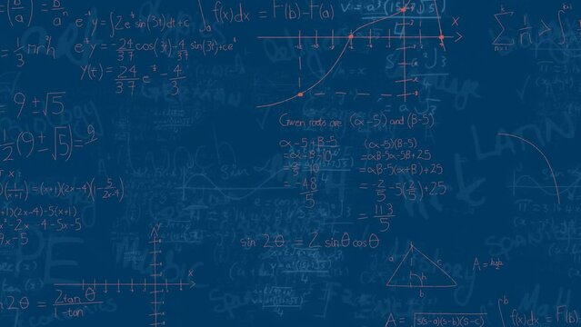 Animation of spots of light over mathematical equations and school concept texts on blue background