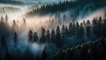 Fototapeta premium An awe-inspiring aerial view of a Redwood forest in the early morning, shrouded in fog - a stunning wallpaper background