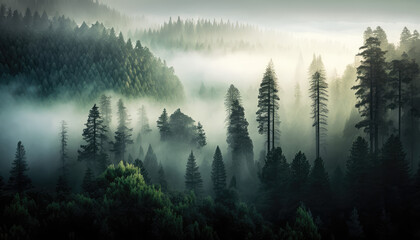 An awe-inspiring aerial view of a Redwood forest in the early morning, shrouded in fog - a stunning wallpaper background